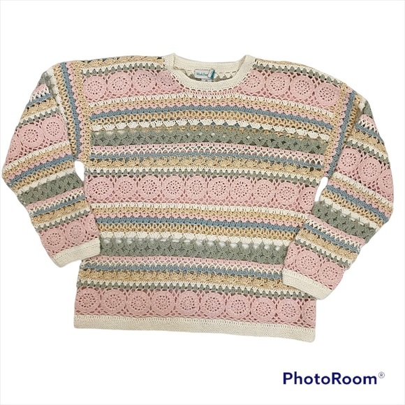VINTAGE Cottage Crochet Open Knit Linen Blend Sweater Medium Spring Pastel - Picture 13 of 13